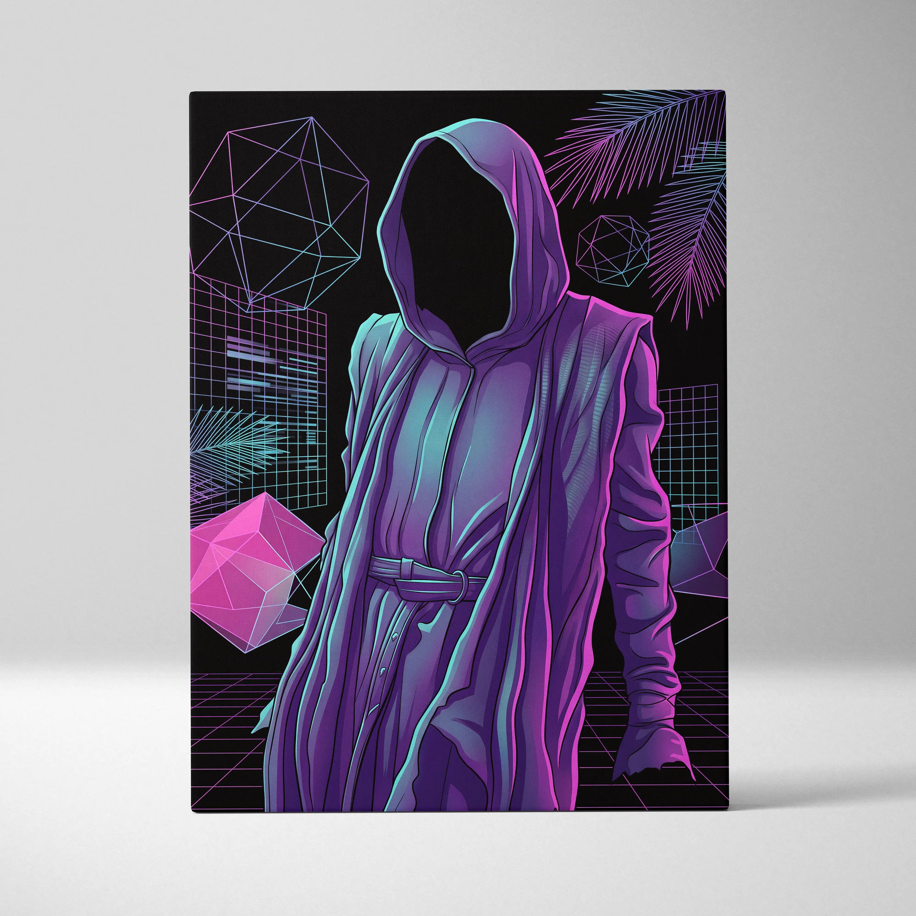 Vaporwave Hooded Neon Portrait - Hooded Figure Purple Pink Teal Room Decor Vaporwave Dreamy Neon Mood Canvas