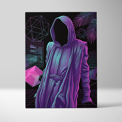 Vaporwave Hooded Neon Portrait - Hooded Figure Purple Pink Teal Room Decor Vaporwave Dreamy Neon Mood Canvas
