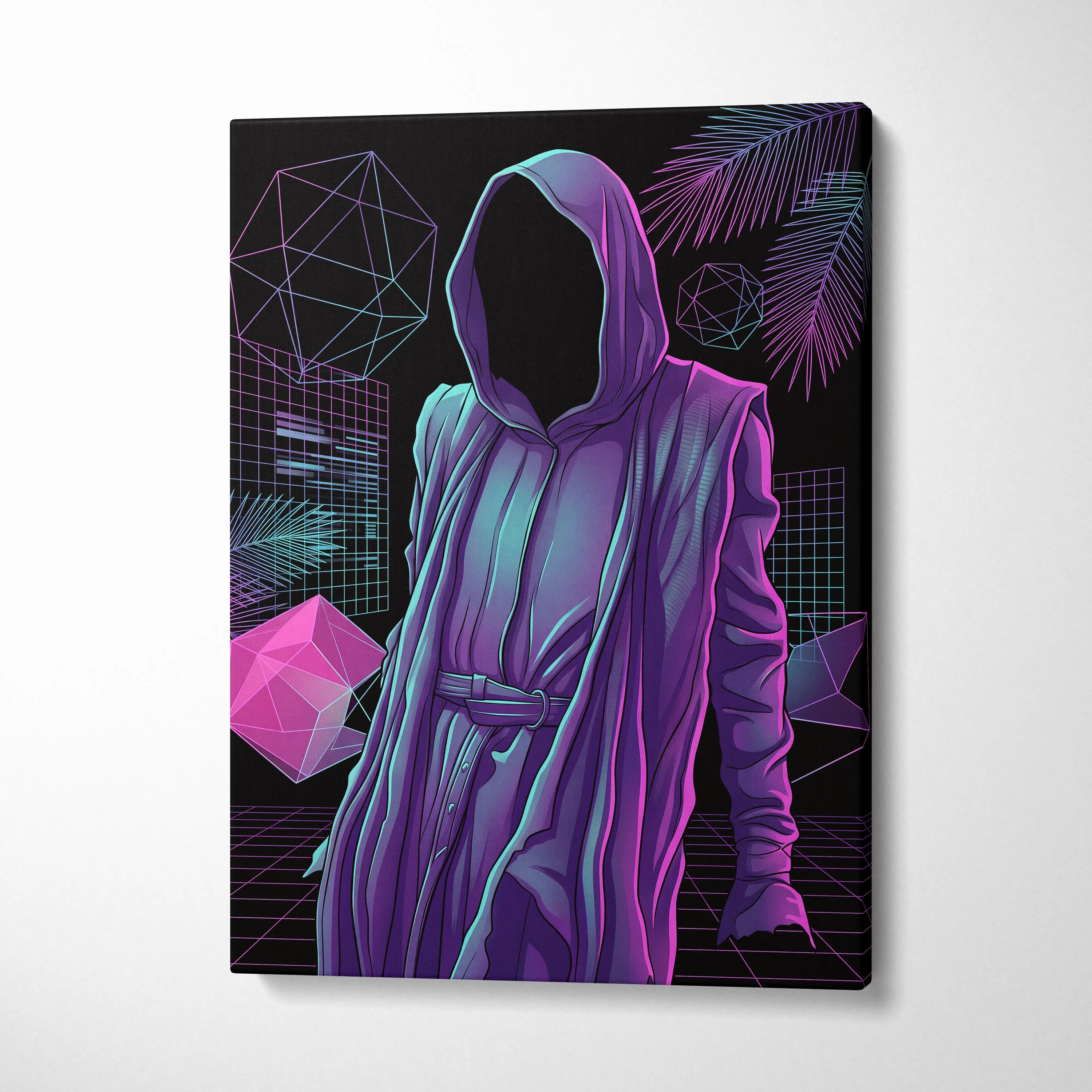 Vaporwave Hooded Neon Portrait - Hooded Figure Purple Pink Teal Room Decor Vaporwave Dreamy Neon Mood Canvas