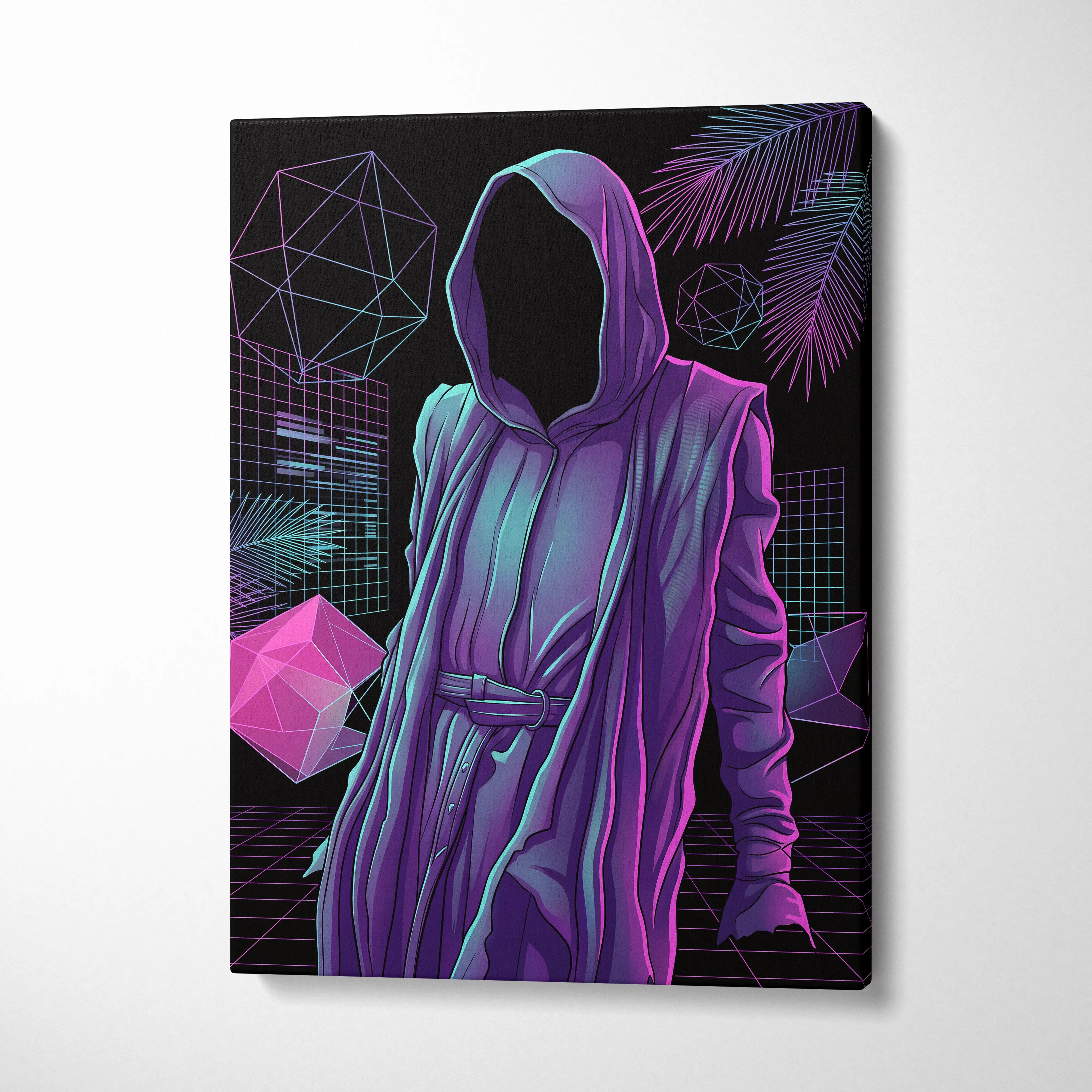 Vaporwave Hooded Neon Portrait - Hooded Figure Purple Pink Teal Room Decor Vaporwave Dreamy Neon Mood Canvas