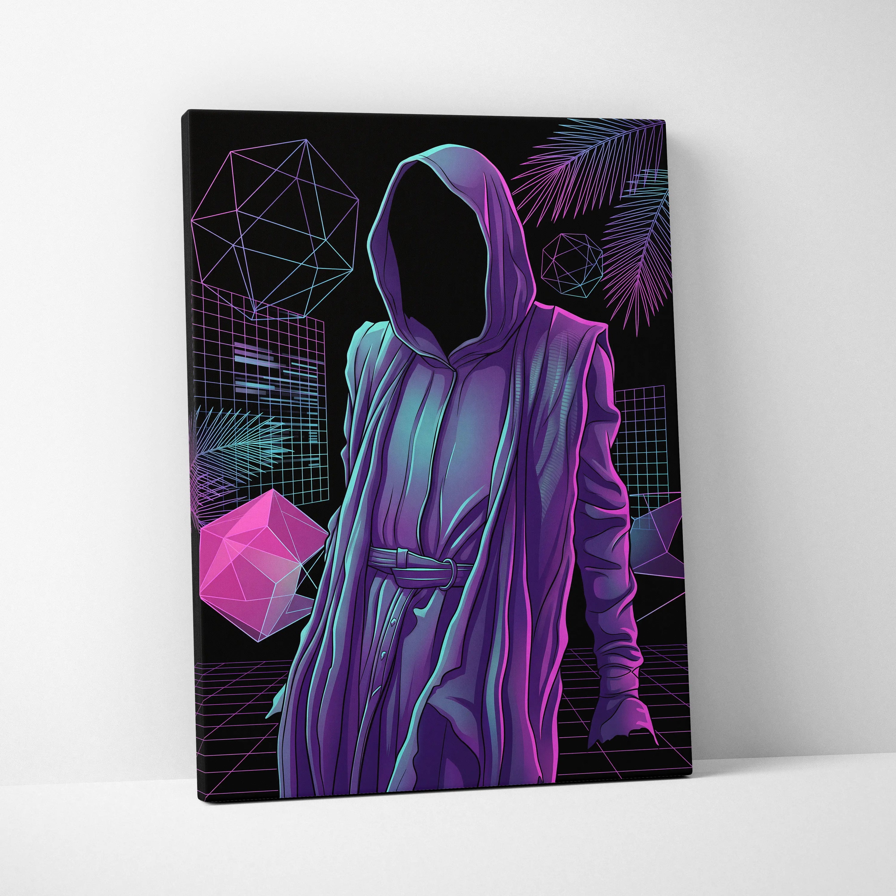 Vaporwave Hooded Neon Portrait - Hooded Figure Purple Pink Teal Room Decor Vaporwave Dreamy Neon Mood Canvas