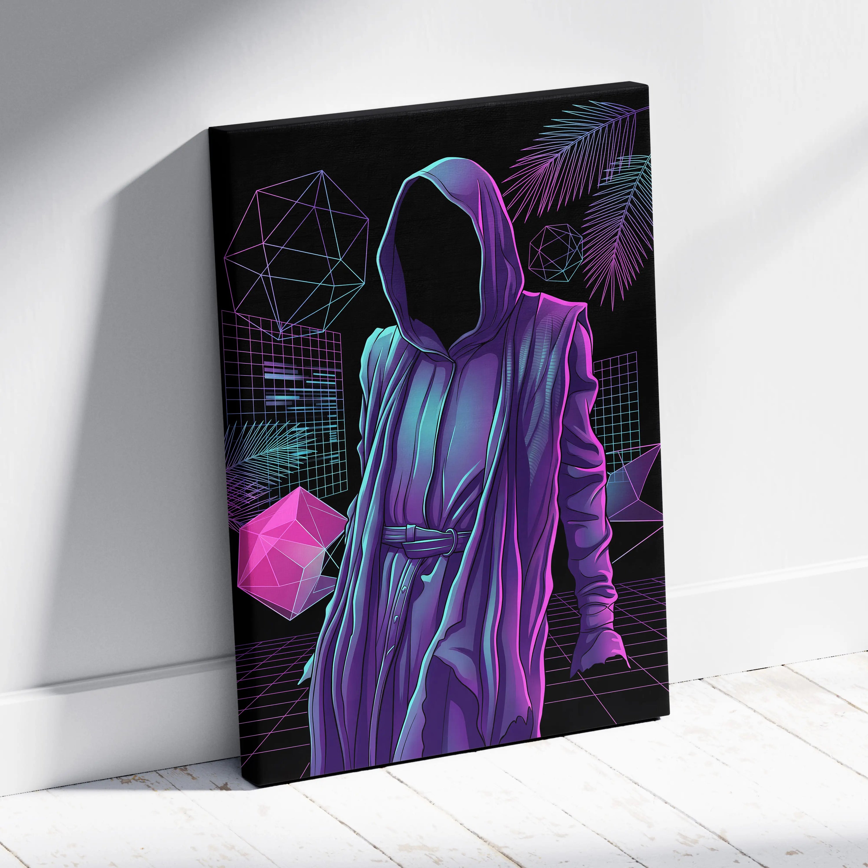 Vaporwave Hooded Neon Portrait - Hooded Figure Purple Pink Teal Room Decor Vaporwave Dreamy Neon Mood Canvas
