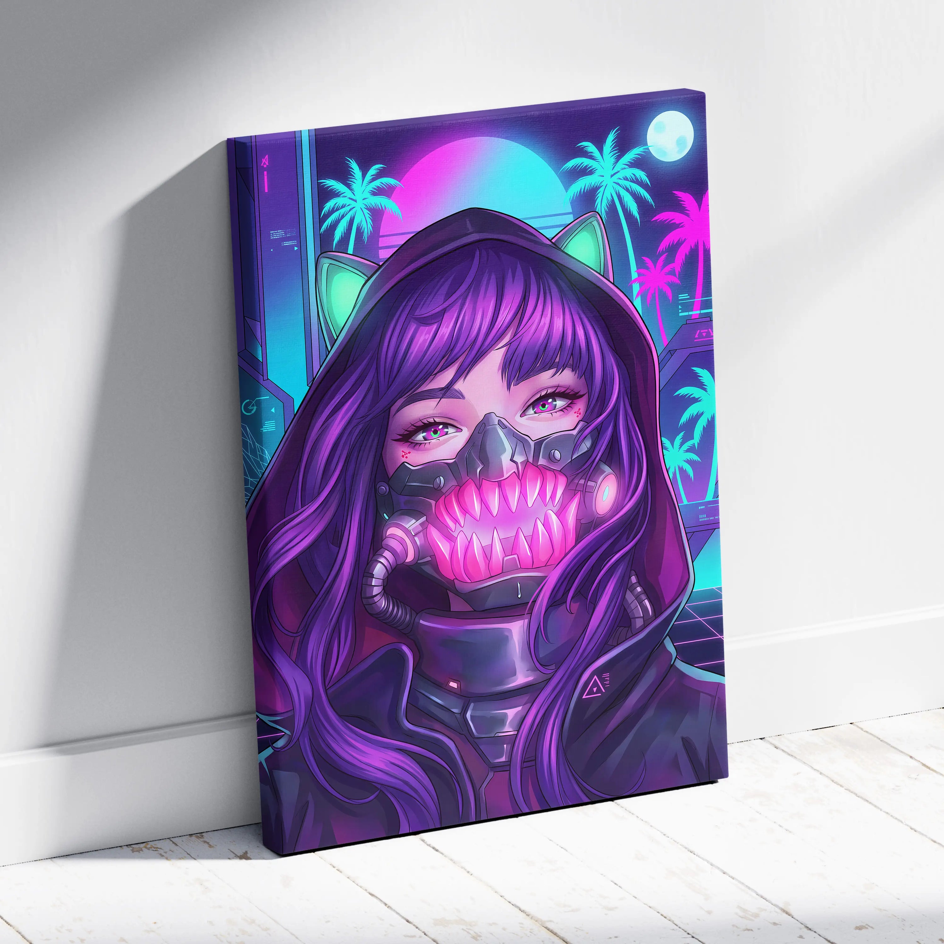Vaporwave Neon Portrait Canvas - Vaporwave Portrait Neon Pink Purple Living Room Retro Moody Vibes Decor Canvas Print