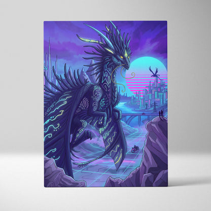 Vaporwave Neon Dragon Canvas - Dragon Neon Violet Cyan Living Room Vaporwave Mood Surreal Futuristic Canvas Print