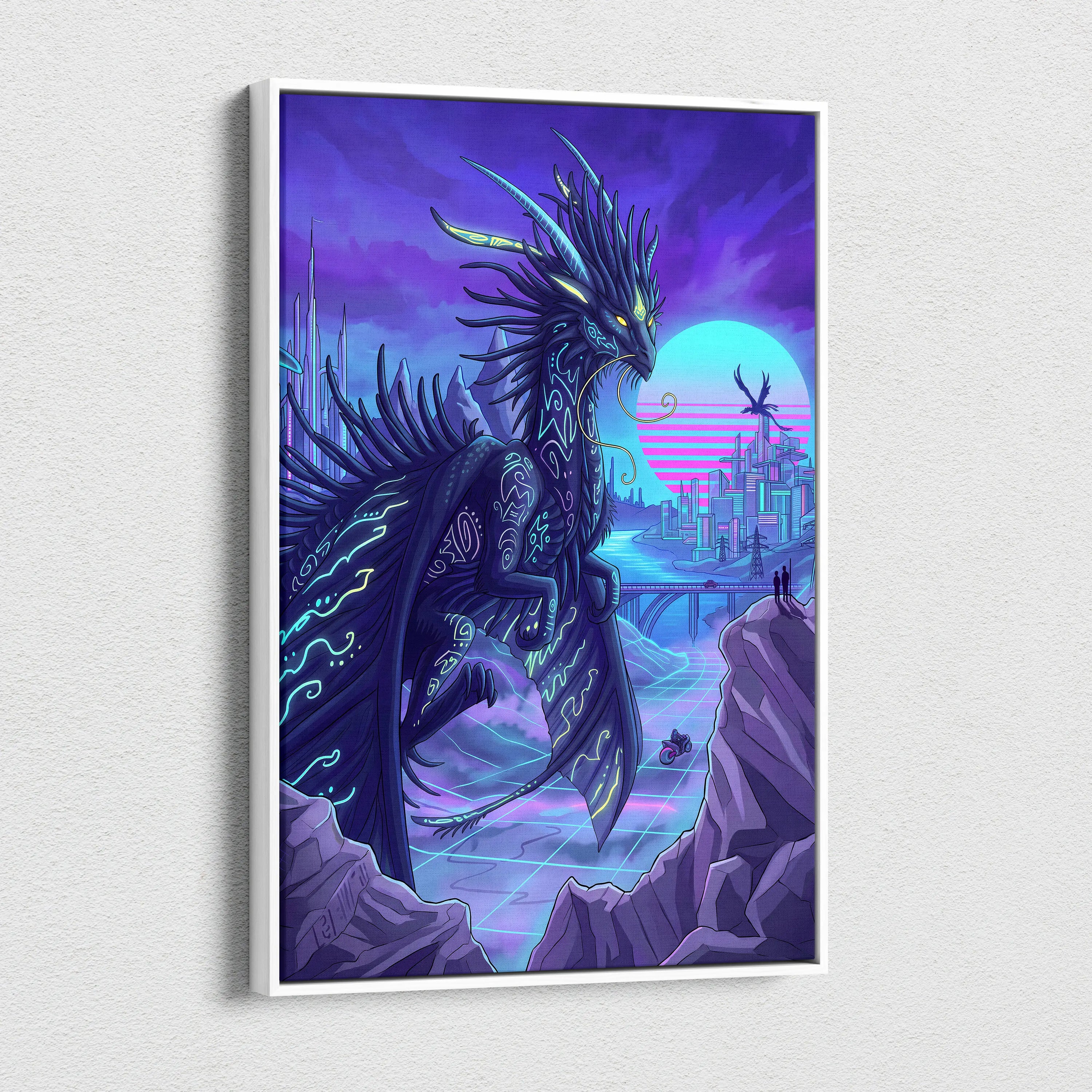 Vaporwave Neon Dragon Canvas - Dragon Neon Violet Cyan Living Room Vaporwave Mood Surreal Futuristic Canvas Print