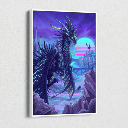 Vaporwave Neon Dragon Canvas - Dragon Neon Violet Cyan Living Room Vaporwave Mood Surreal Futuristic Canvas Print