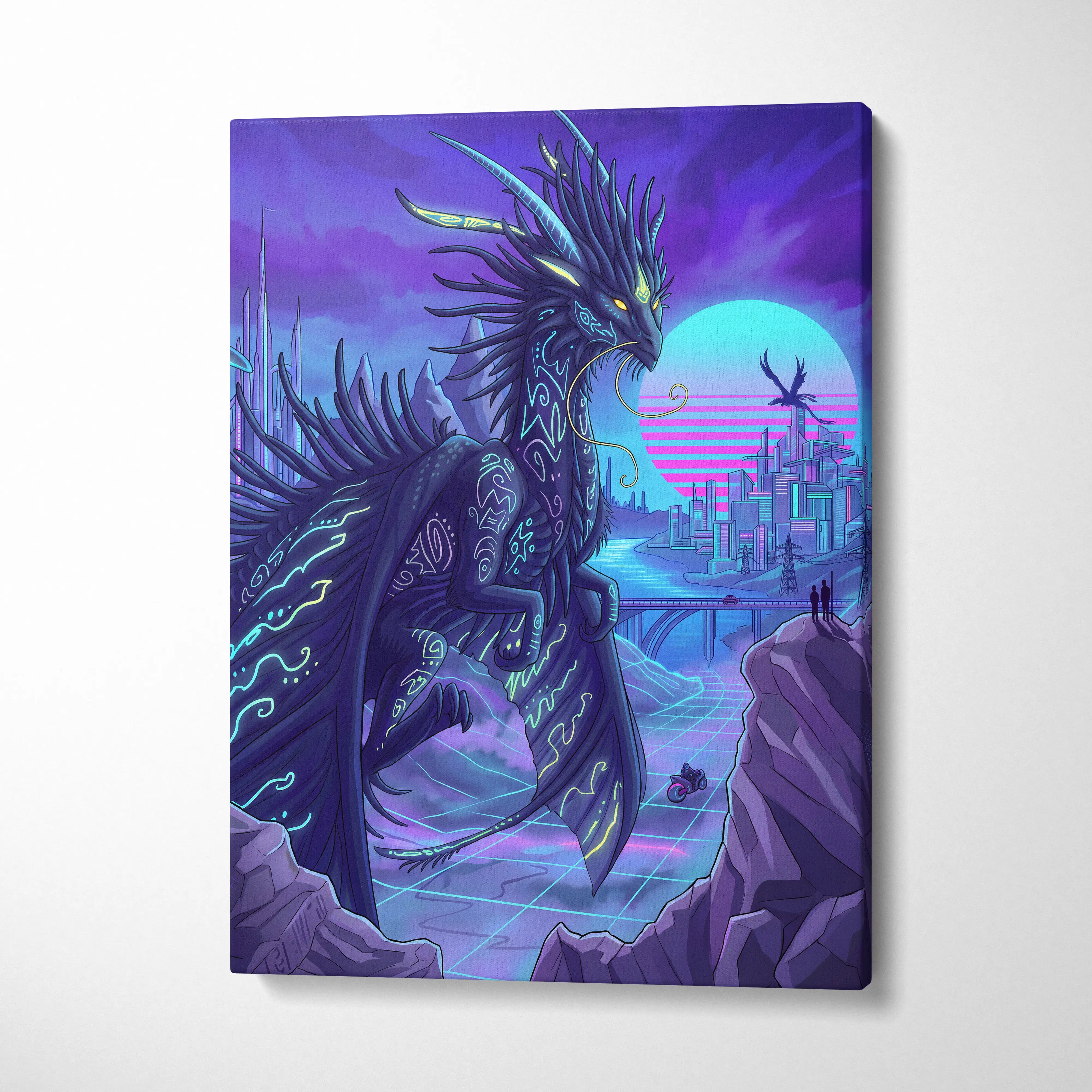 Vaporwave Neon Dragon Canvas - Dragon Neon Violet Cyan Living Room Vaporwave Mood Surreal Futuristic Canvas Print