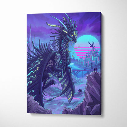 Vaporwave Neon Dragon Canvas - Dragon Neon Violet Cyan Living Room Vaporwave Mood Surreal Futuristic Canvas Print
