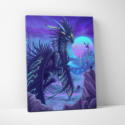 Vaporwave Neon Dragon Canvas - Dragon Neon Violet Cyan Living Room Vaporwave Mood Surreal Futuristic Canvas Print