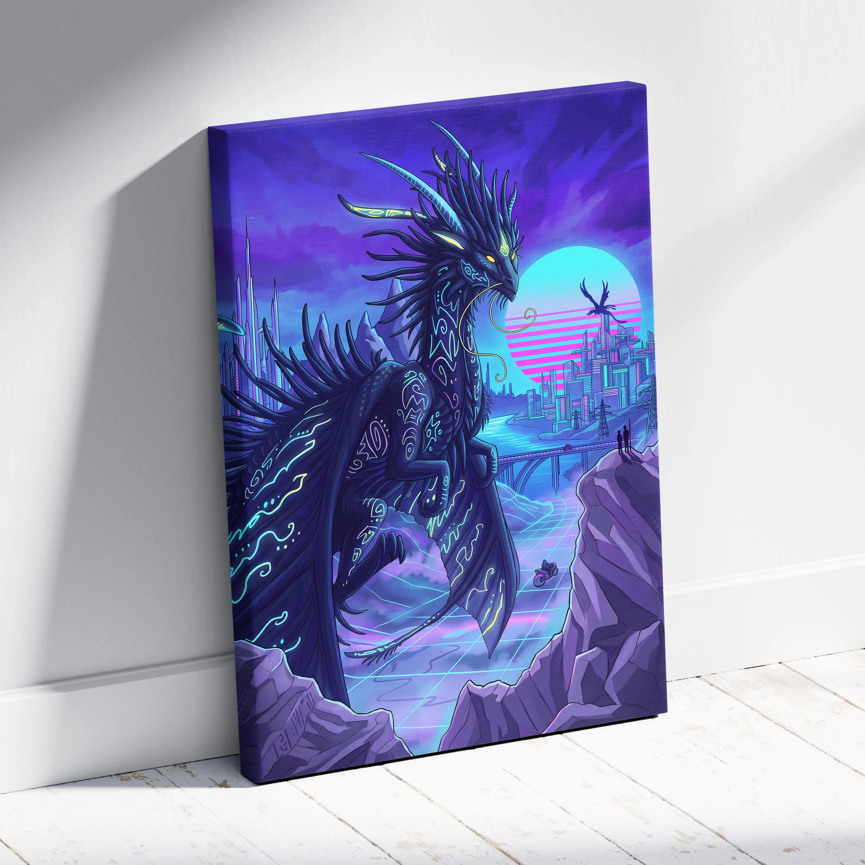 Vaporwave Neon Dragon Canvas - Dragon Neon Violet Cyan Living Room Vaporwave Mood Surreal Futuristic Canvas Print
