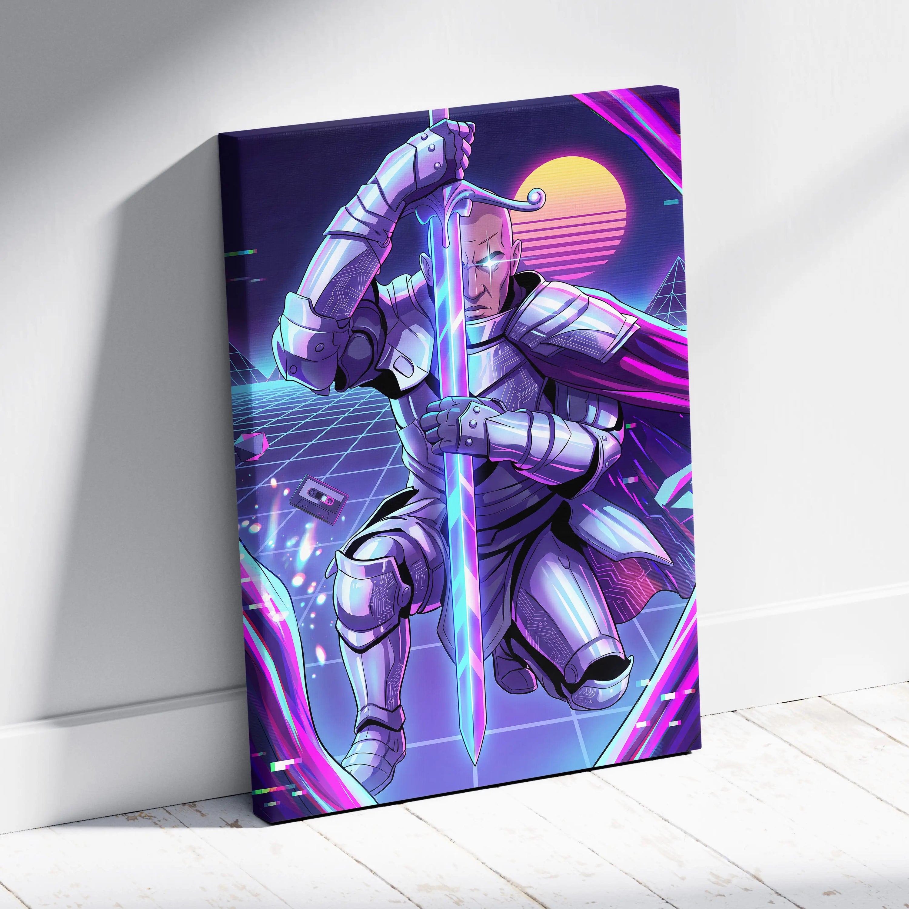 Vaporwave Knight Neon Canvas - Cyber Knight Neon-Pink-Purple-Blue Living Room Vaporwave Mystical Mood Wall Art Canvas