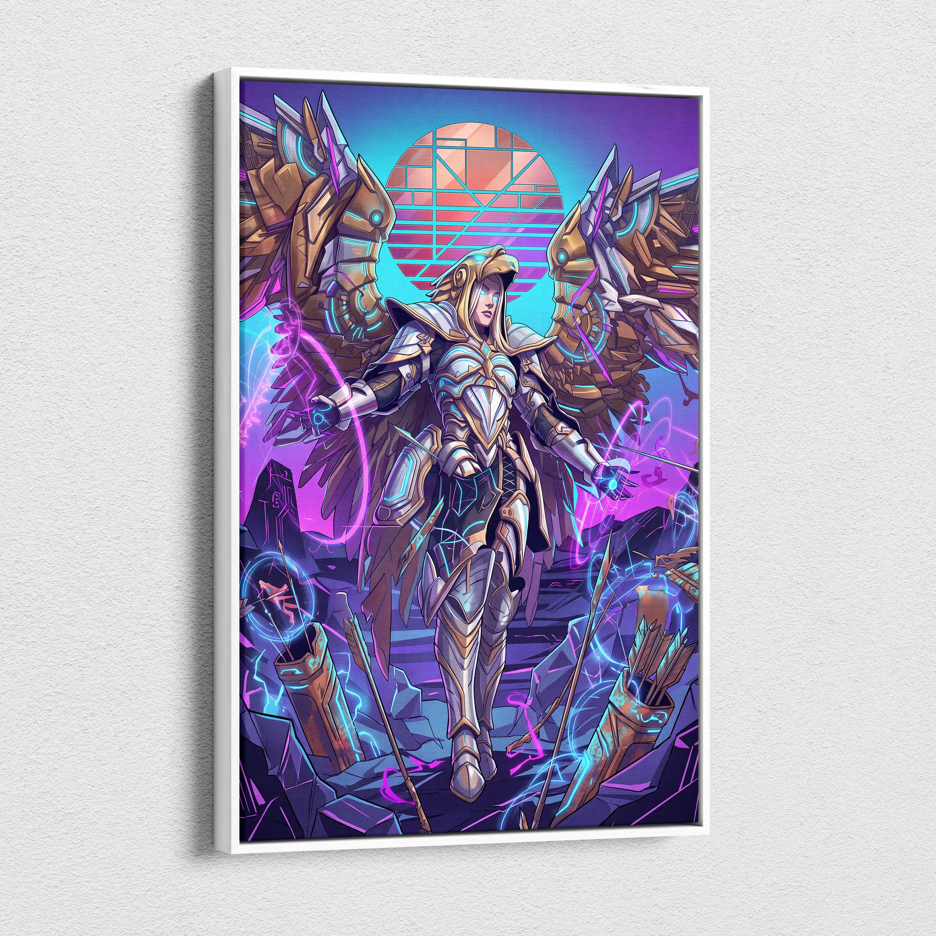 Vaporwave Neon Guardians Canvas - Angelic Knights Neon Pink Blue Living Room Vaporwave Dreamlike Mood Wall Art Canvas