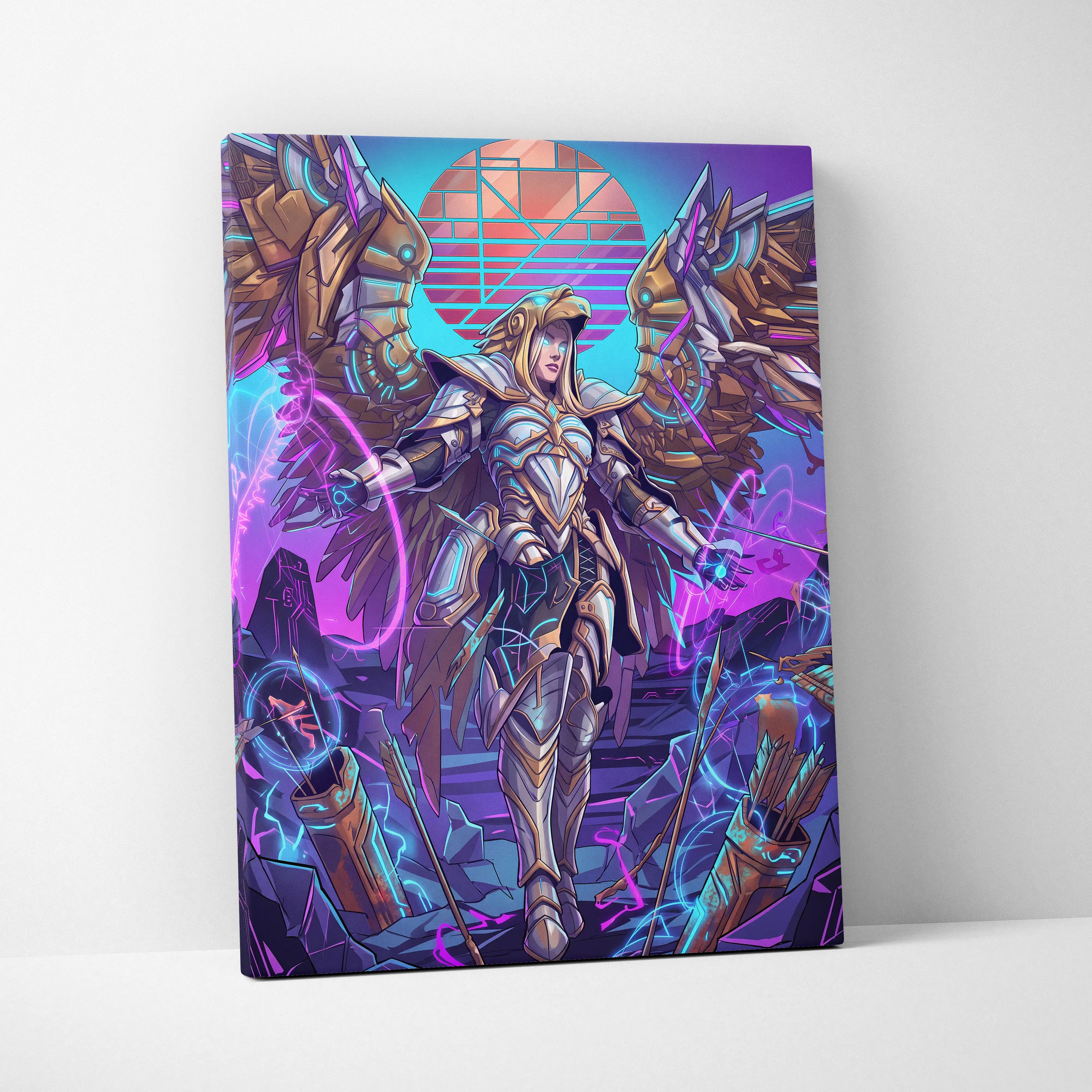 Vaporwave Neon Guardians Canvas - Angelic Knights Neon Pink Blue Living Room Vaporwave Dreamlike Mood Wall Art Canvas