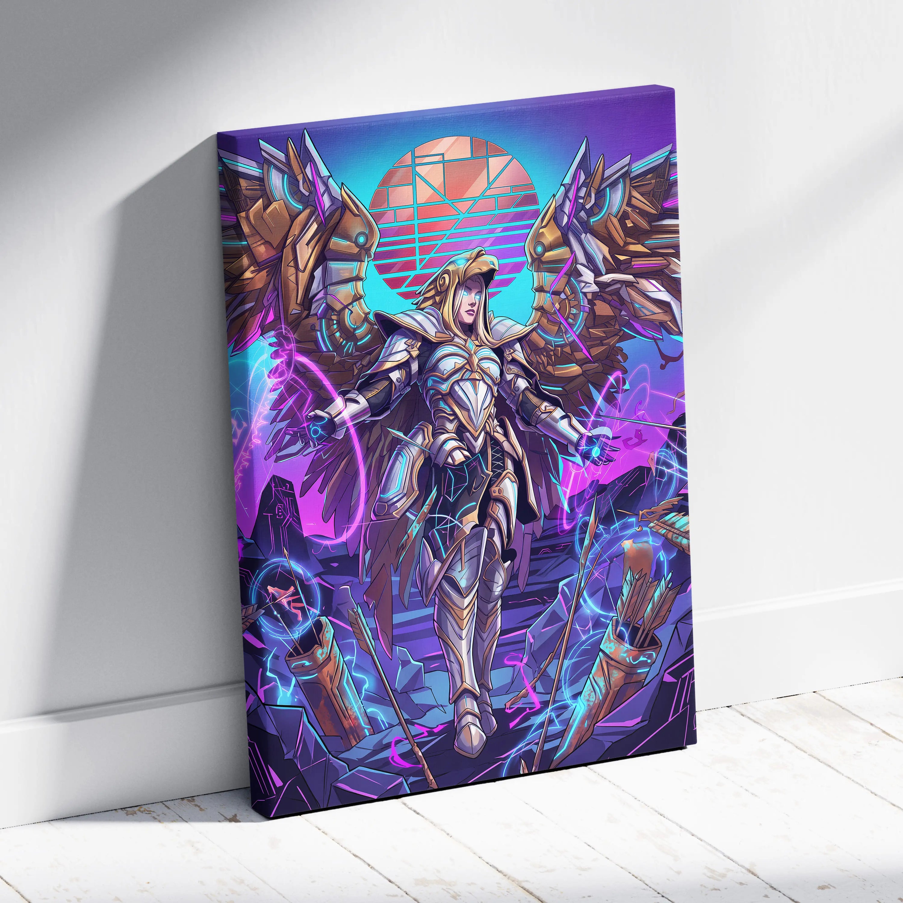 Vaporwave Neon Guardians Canvas - Angelic Knights Neon Pink Blue Living Room Vaporwave Dreamlike Mood Wall Art Canvas
