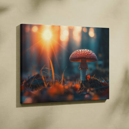 Canvas wall art featuring a glowing Amanita mushroom with warm sunlight and blurred forest background for home decor.