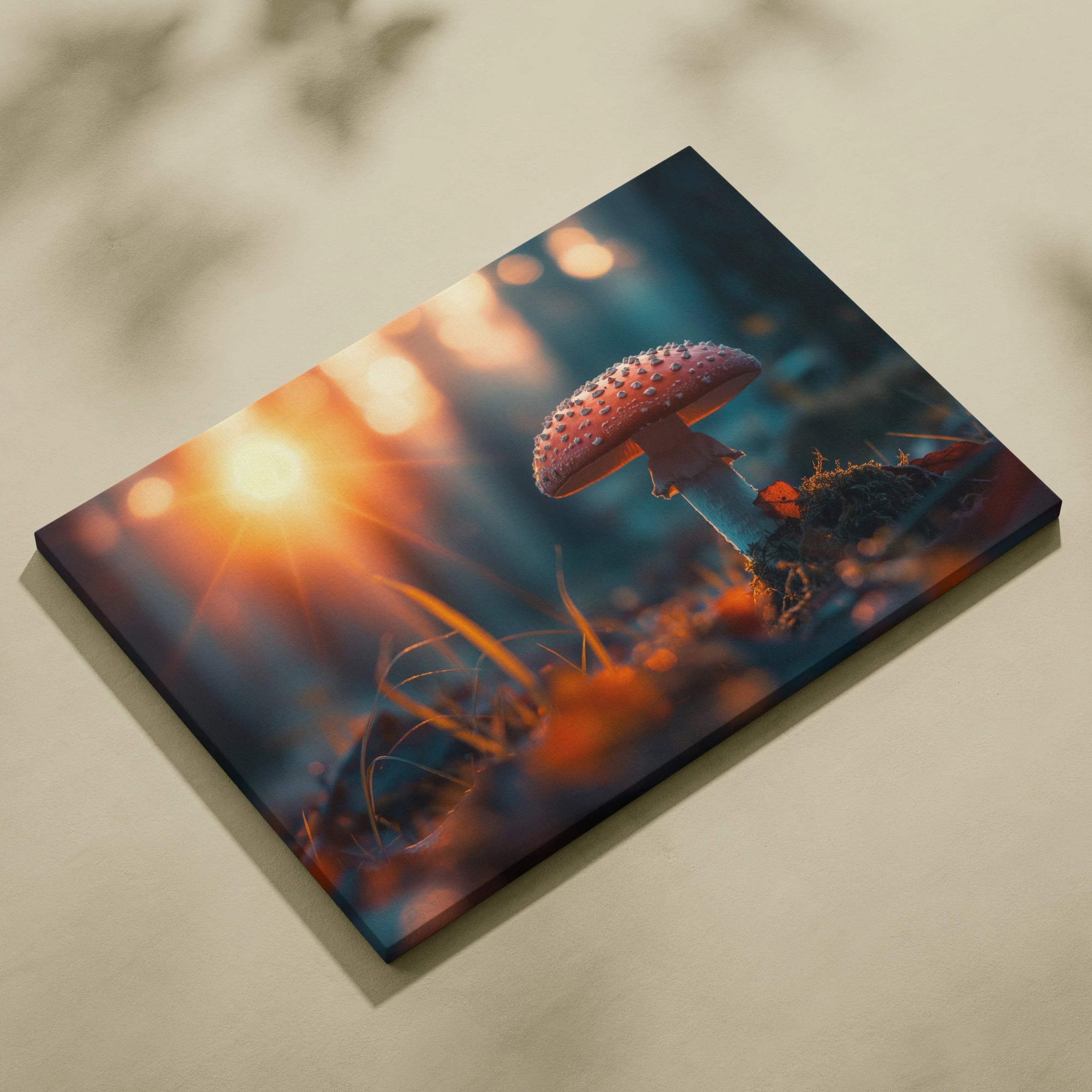 Canvas wall art featuring a red and white spotted amanita mushroom with warm glowing sunlight and blurred natural background.