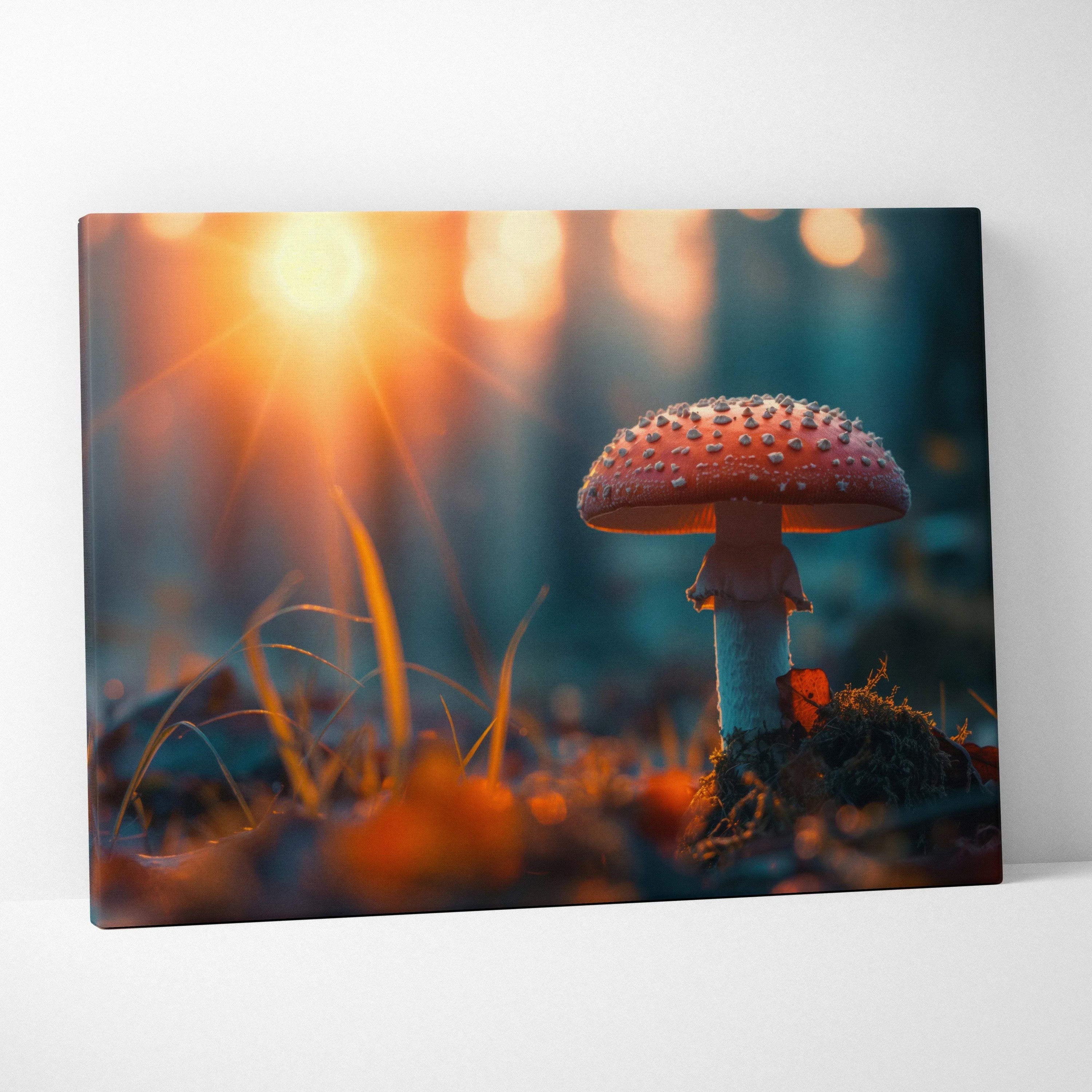 Canvas wall art featuring a close-up of a red and white spotted amanita mushroom with warm sunlight and blurred forest.