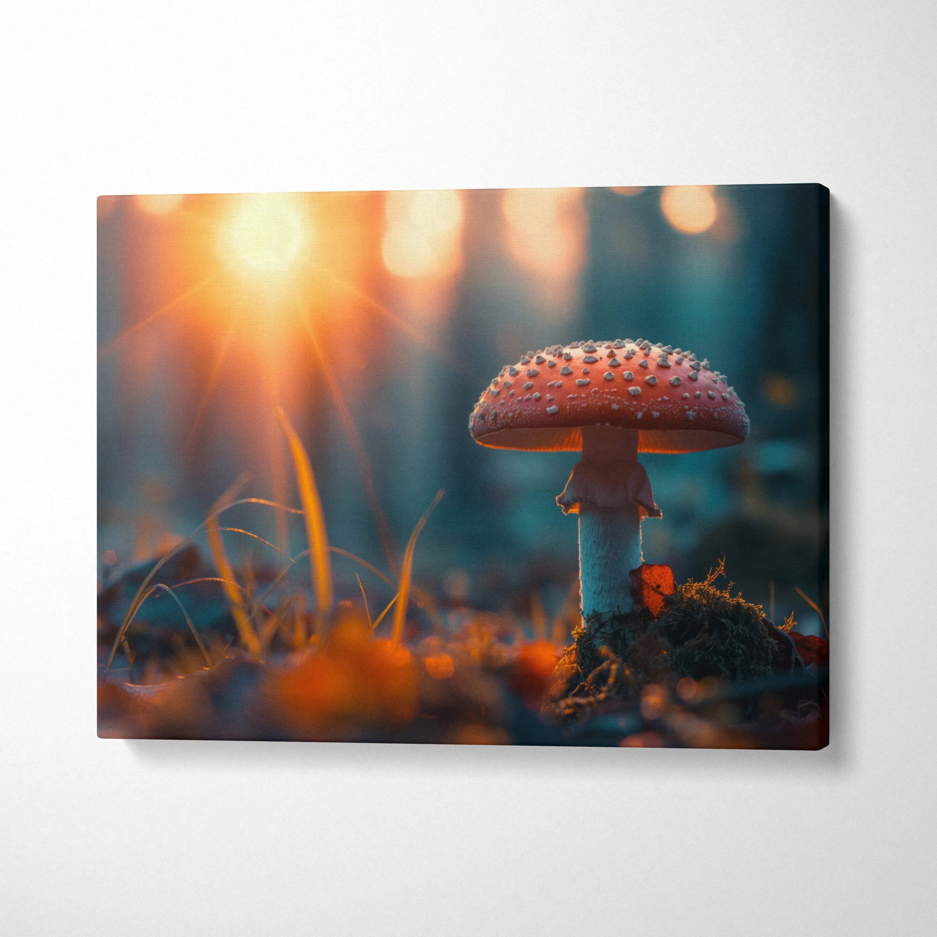 Canvas wall art featuring a glowing Amanita mushroom in warm, blurred forest decor tones.