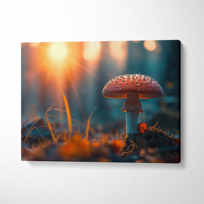 Canvas wall art featuring a glowing Amanita mushroom in warm, blurred forest decor tones.