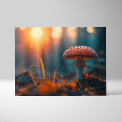 Canvas wall art featuring a vibrant red and white spotted Amanita mushroom in a soft-focus forest setting with warm sunlight