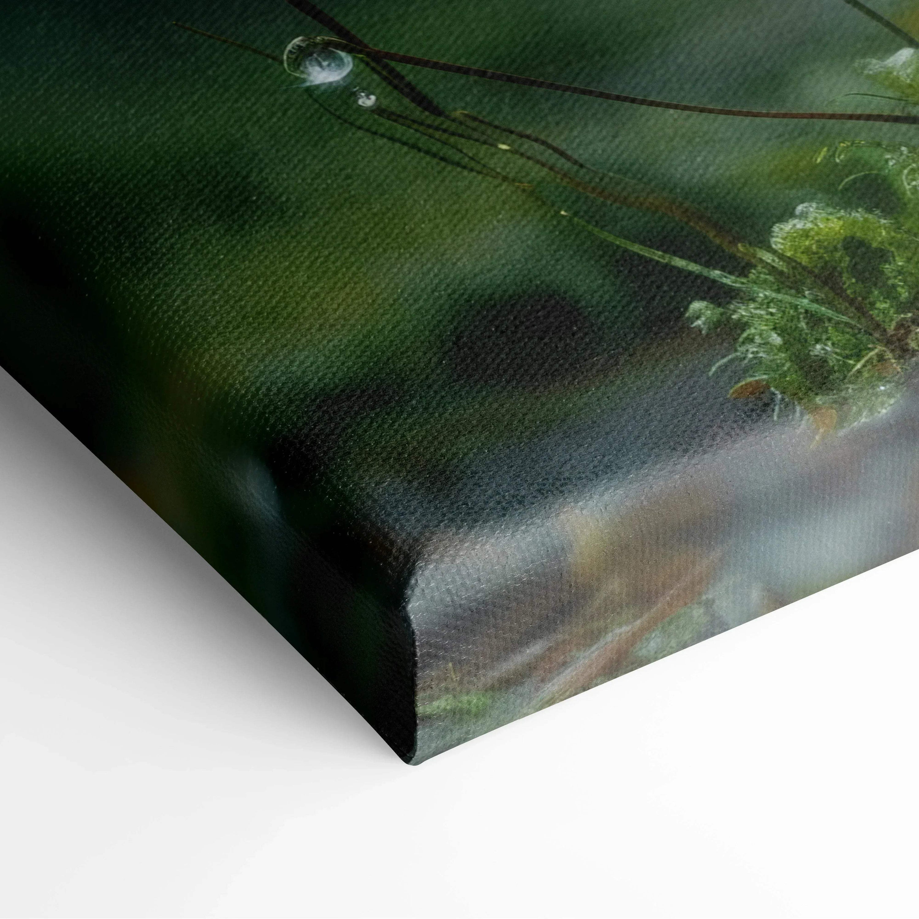 Close-up of canvas wall art featuring detailed Amanita mushrooms and green moss with rich, dark forest background.