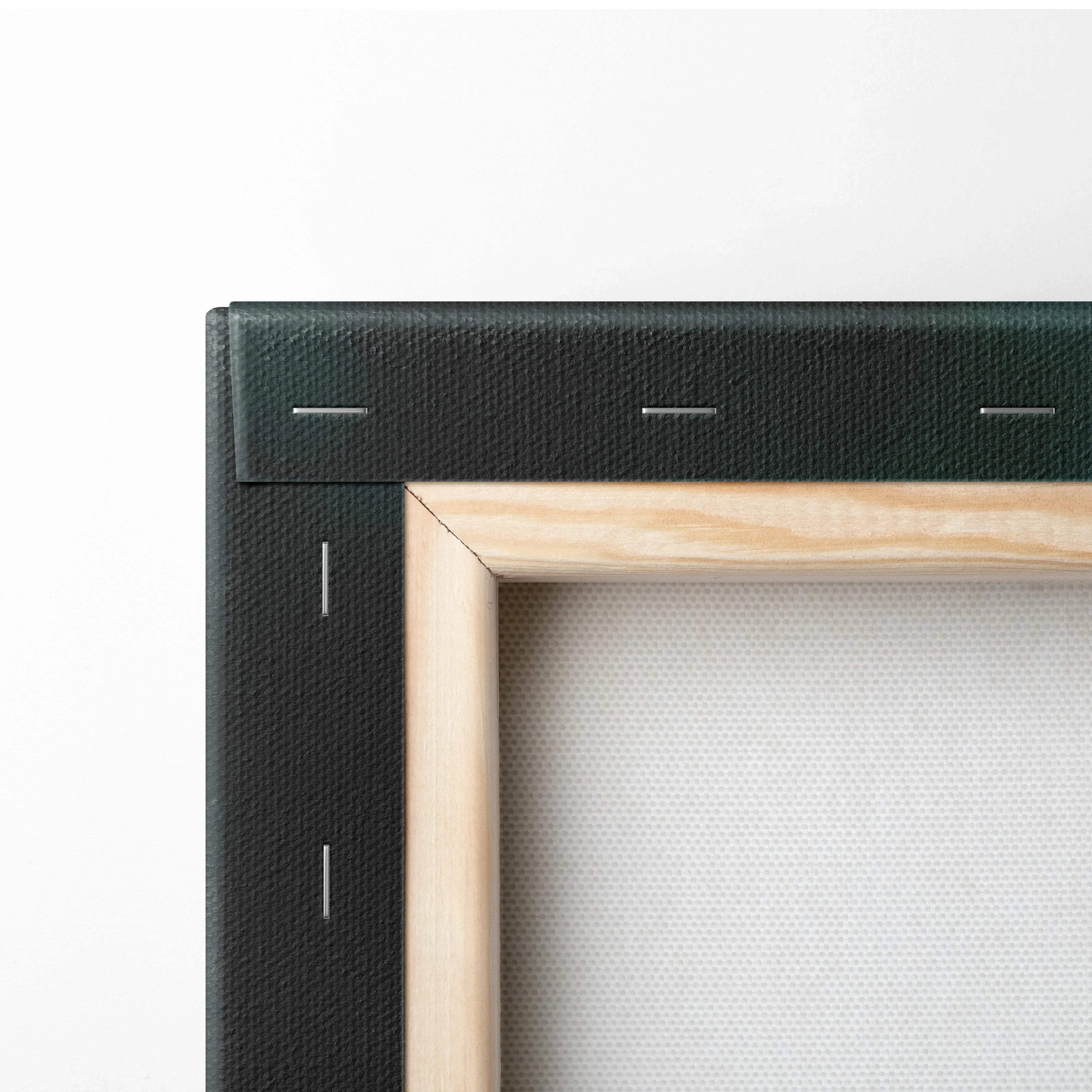 Close-up of a corner of stretched canvas with natural wood frame and black fabric backing, showing staples and texture.