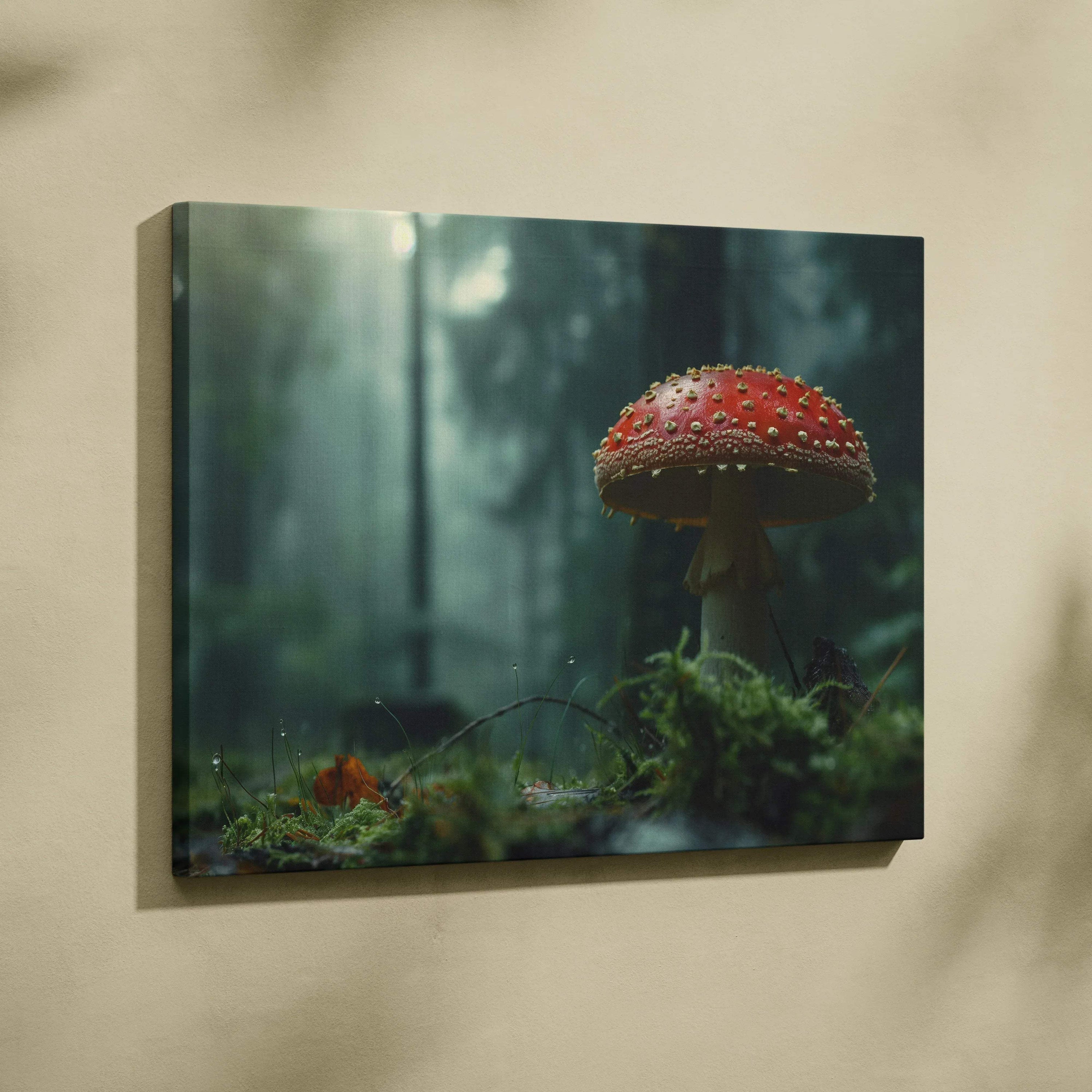 Canvas wall art featuring a red Amanita mushroom with white spots in a misty forest setting.