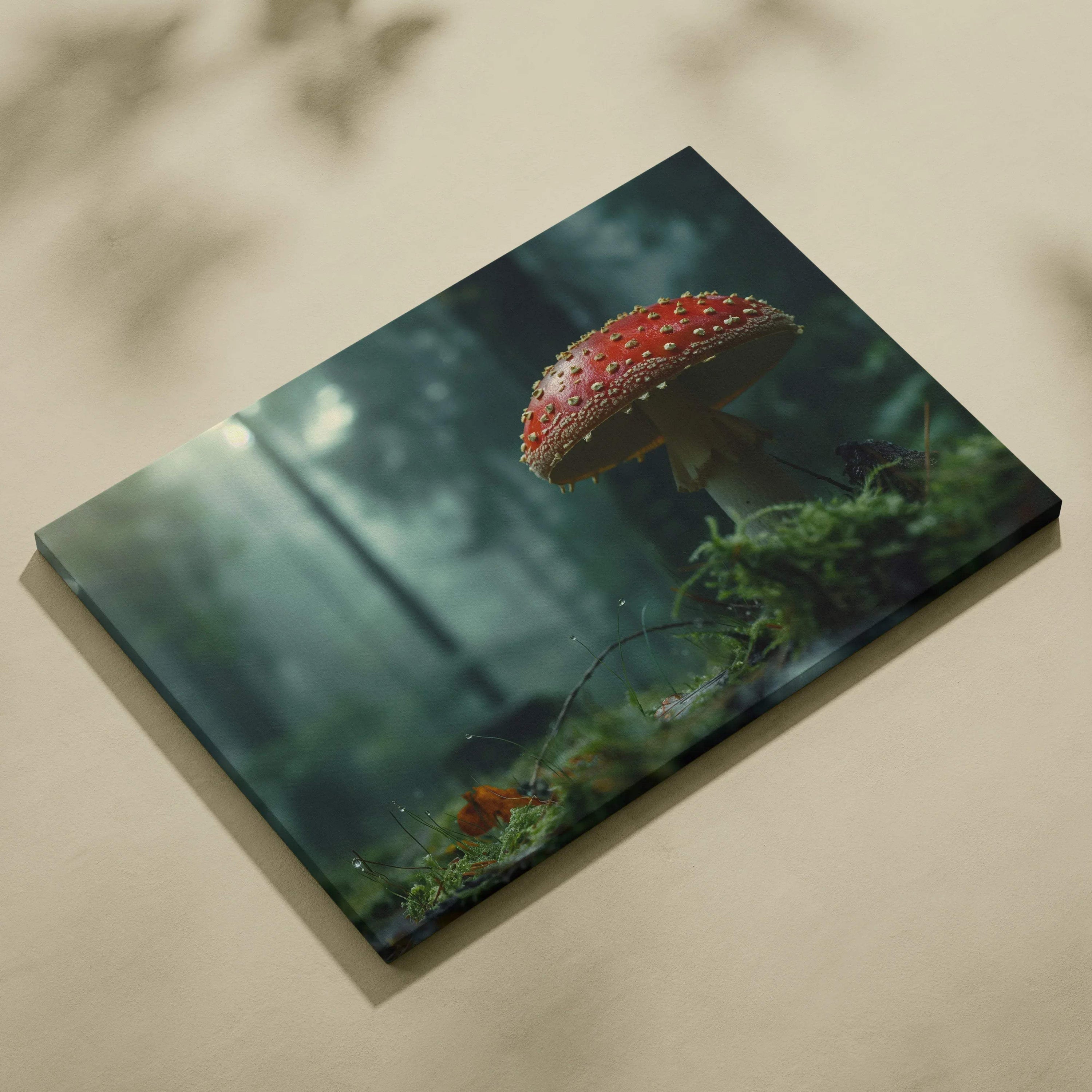 Canvas wall art featuring a close-up of a red amanita mushroom with white spots in a misty forest setting.
