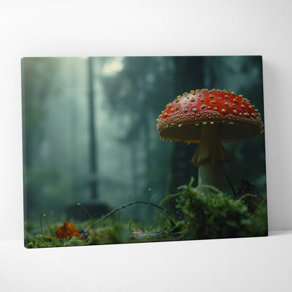 Canvas wall art featuring a red Amanita mushroom with white spots surrounded by moss in a misty forest setting.