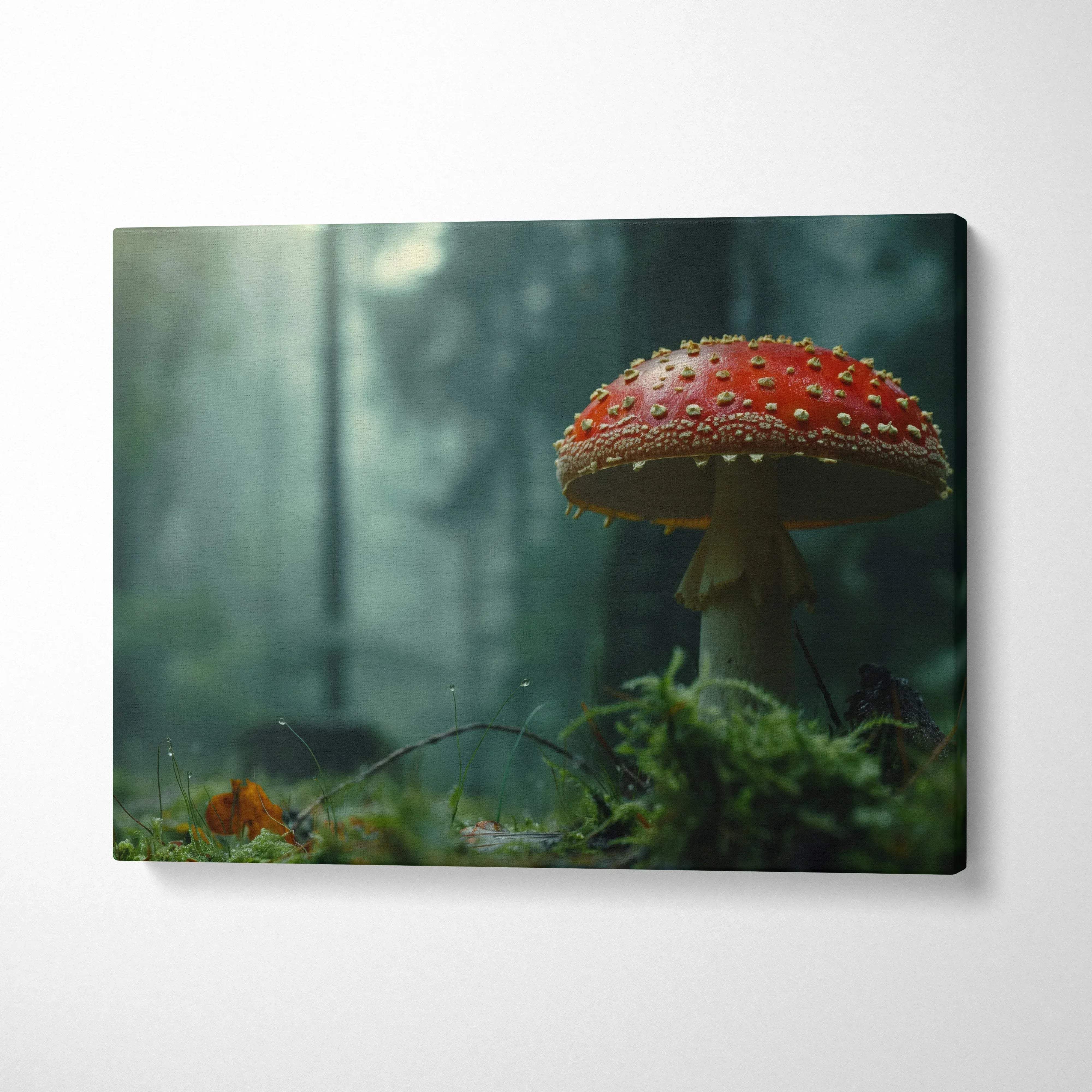 Canvas wall art featuring a vibrant red Amanita mushroom in a misty forest, perfect for nature-inspired decor.