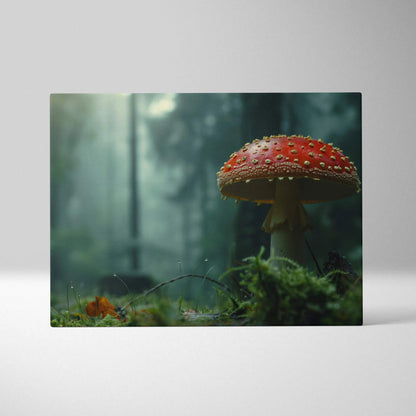 Canvas wall art featuring a red Amanita mushroom with white spots in a misty forest setting, detailed and natural decor.
