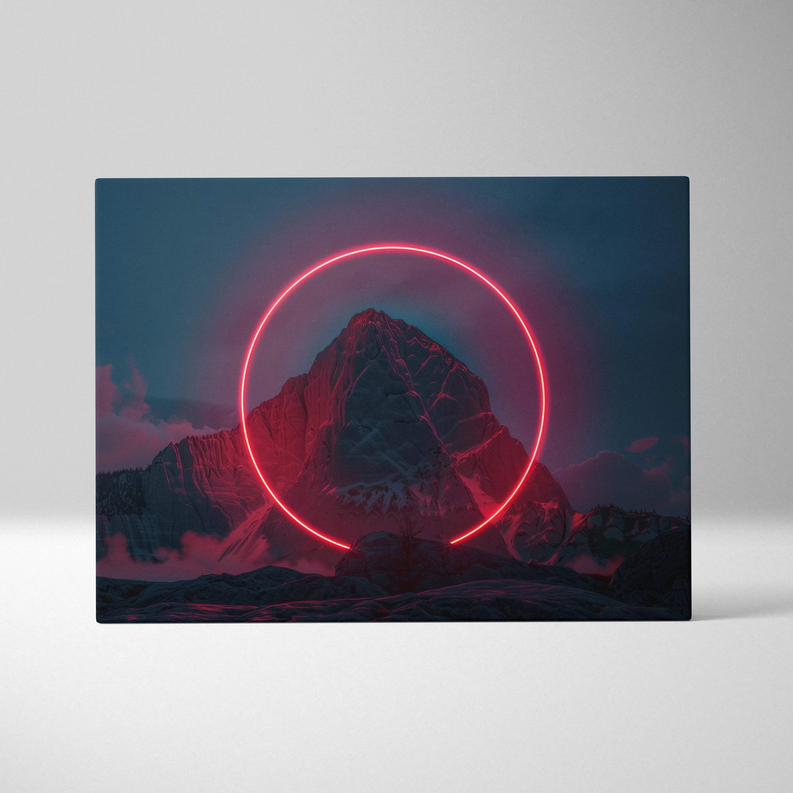 Canvas wall art of red neon circle framing snowy mountain peak at twilight