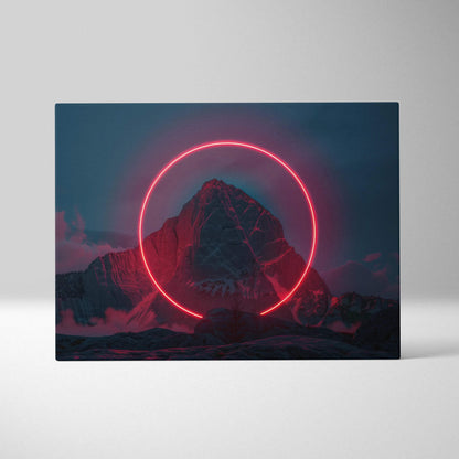 Canvas wall art of red neon circle framing snowy mountain peak at twilight