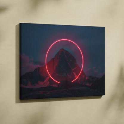 Canvas print of red neon circle framing dark snowy mountain at twilight