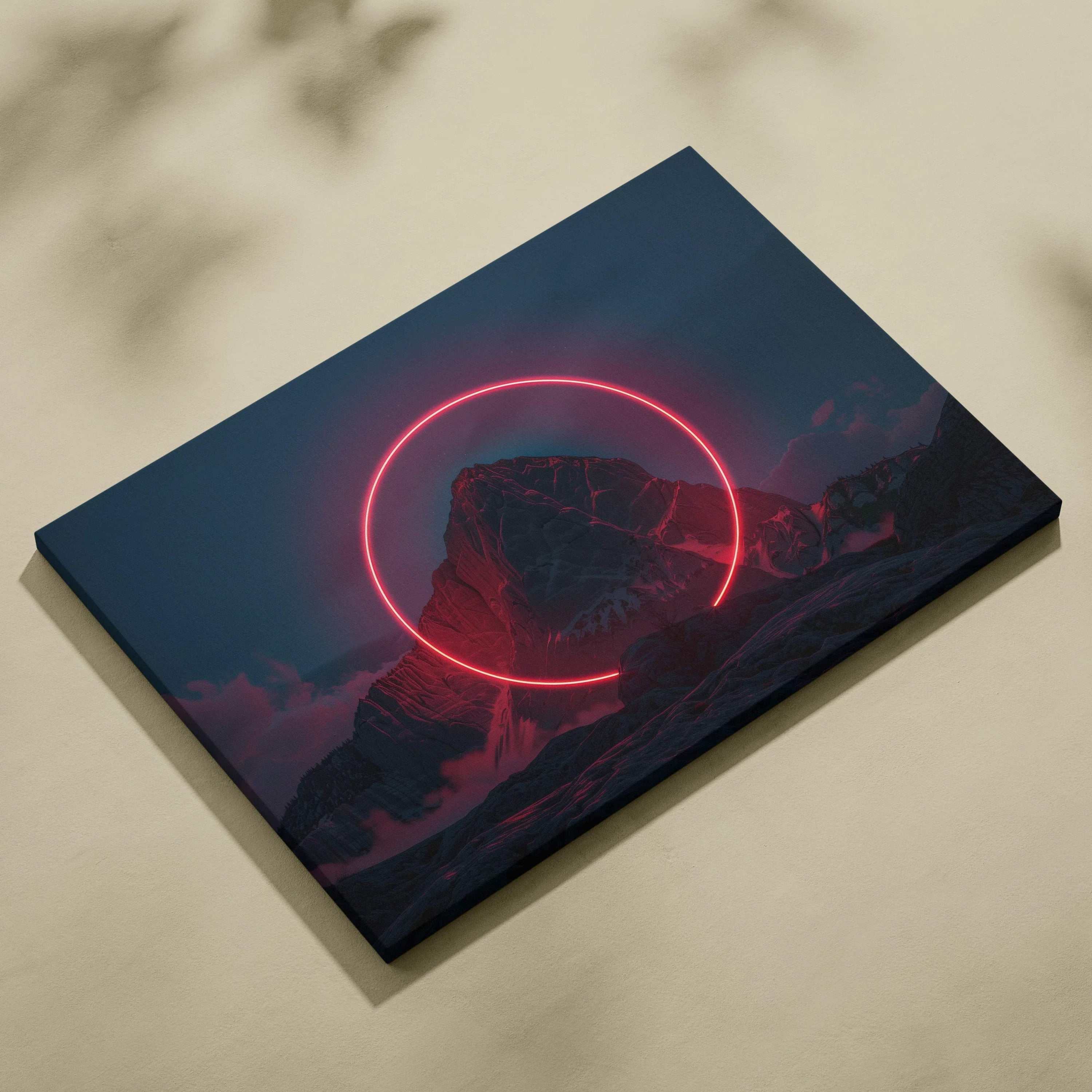 Canvas wall art of red neon glow over snowy mountain peak at twilight