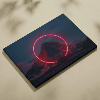 Canvas wall art of red neon glow over snowy mountain peak at twilight