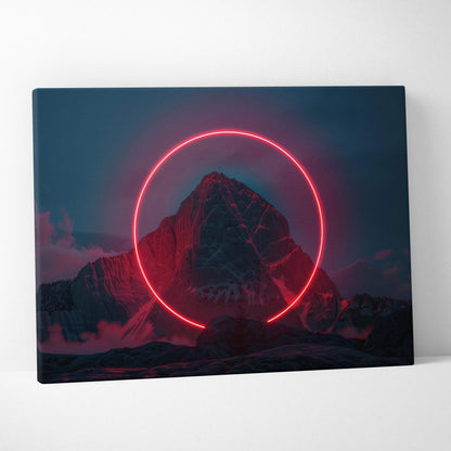 Canvas wall art of red neon circle framing snowy mountain at twilight