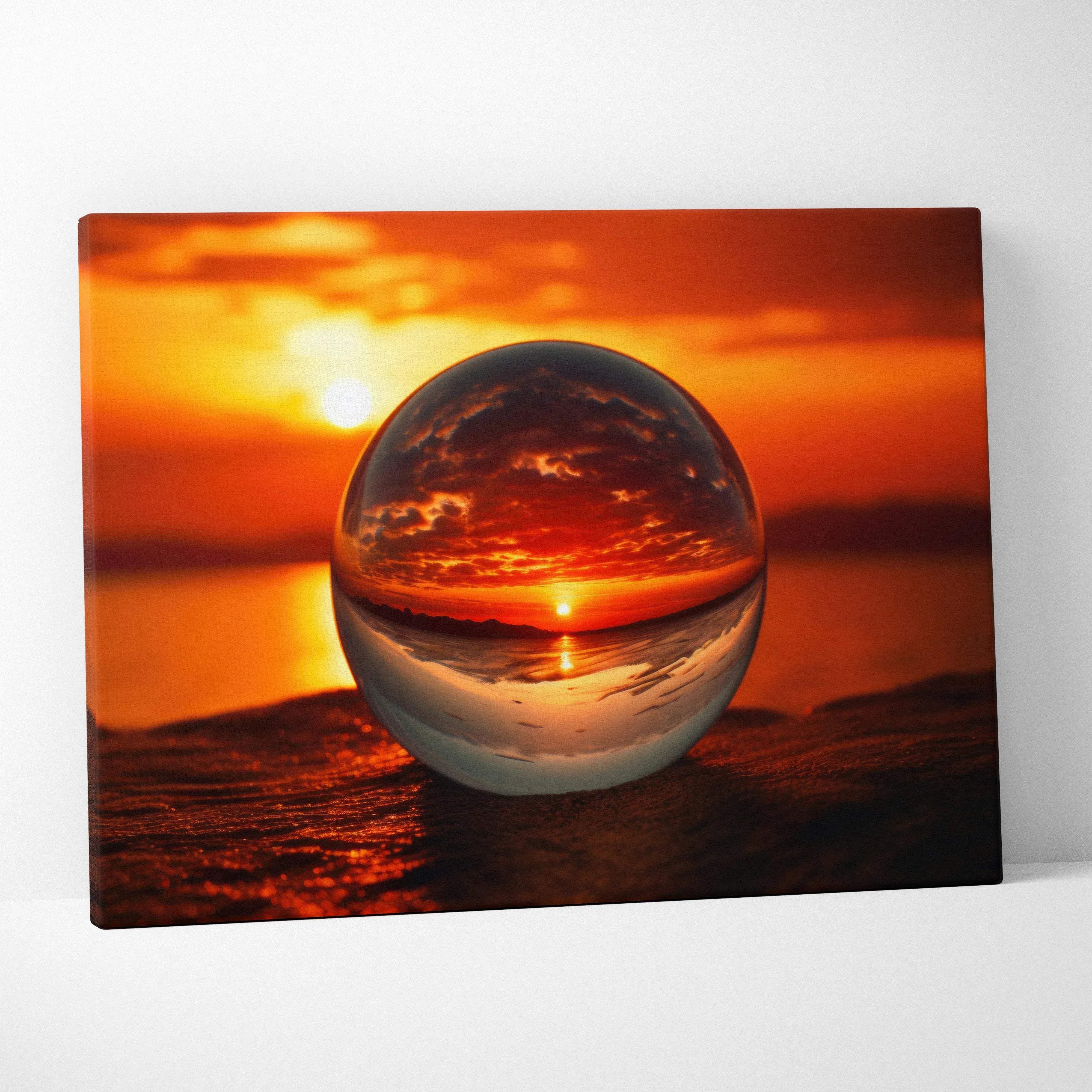 Hyperrealistic beach sunset glass sphere canvas wall art golden hour