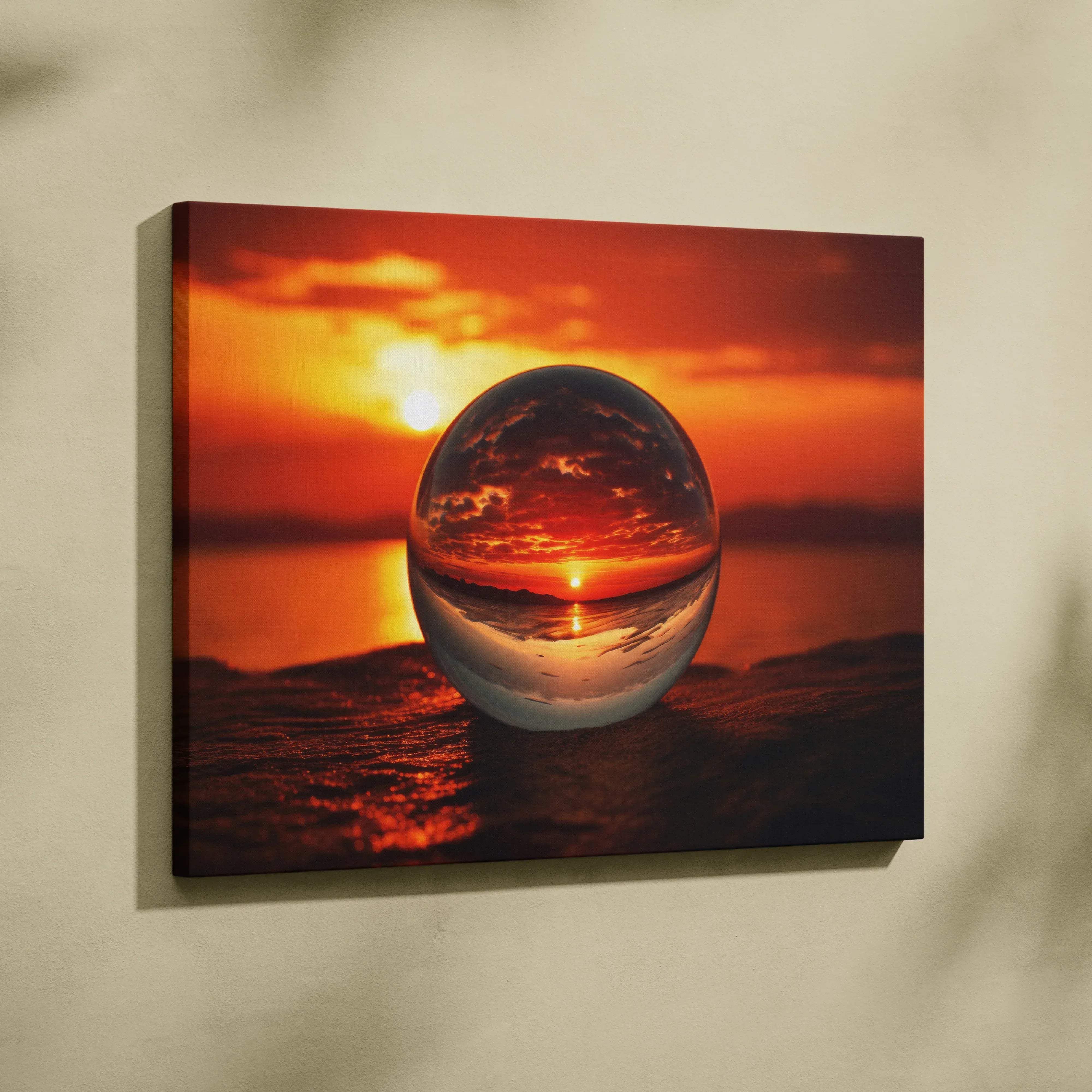 Hyperrealistic beach sunset glass sphere canvas wall art, warm golden hour