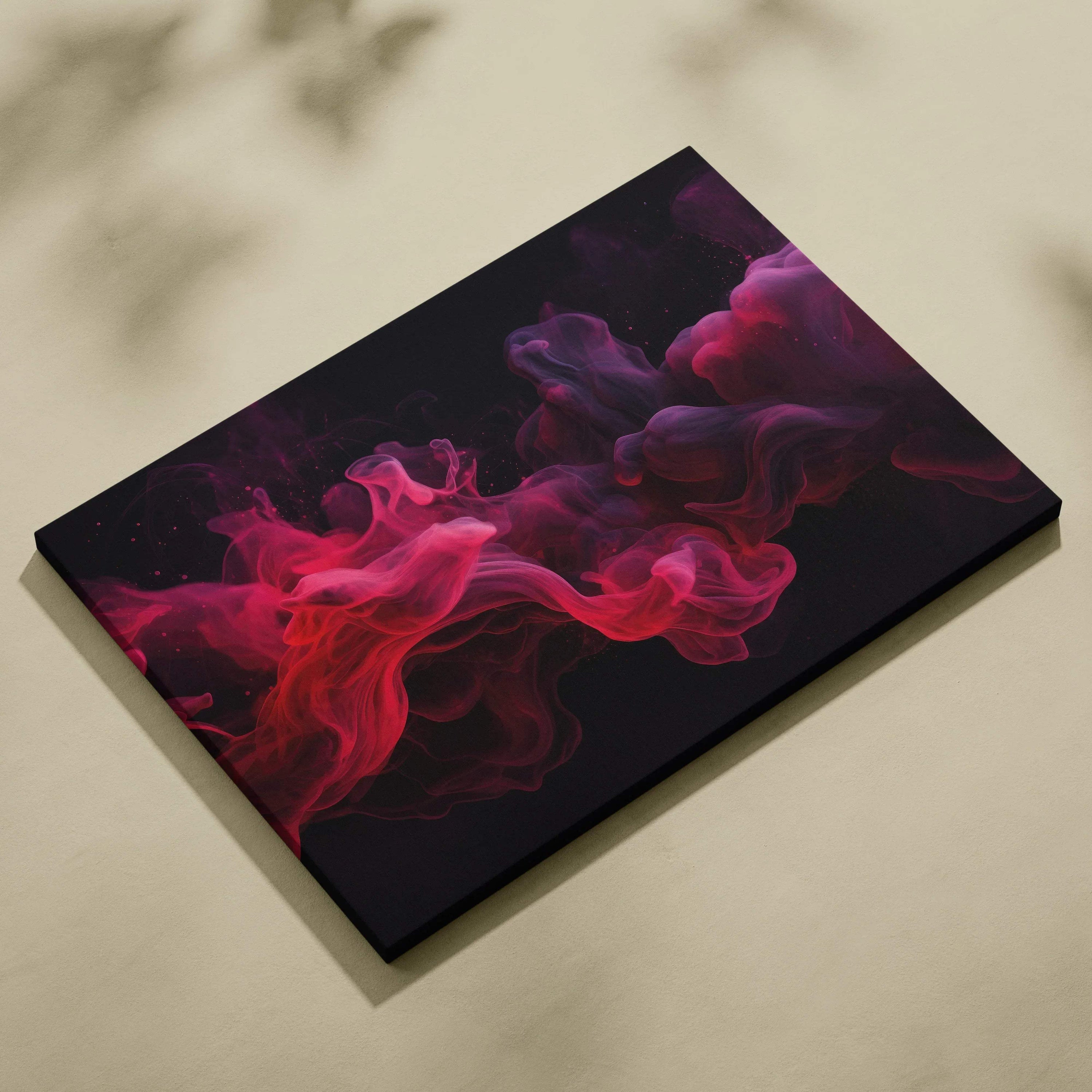 Abstract vibrant pink and purple smoke swirl digital art on black canvas wall art.