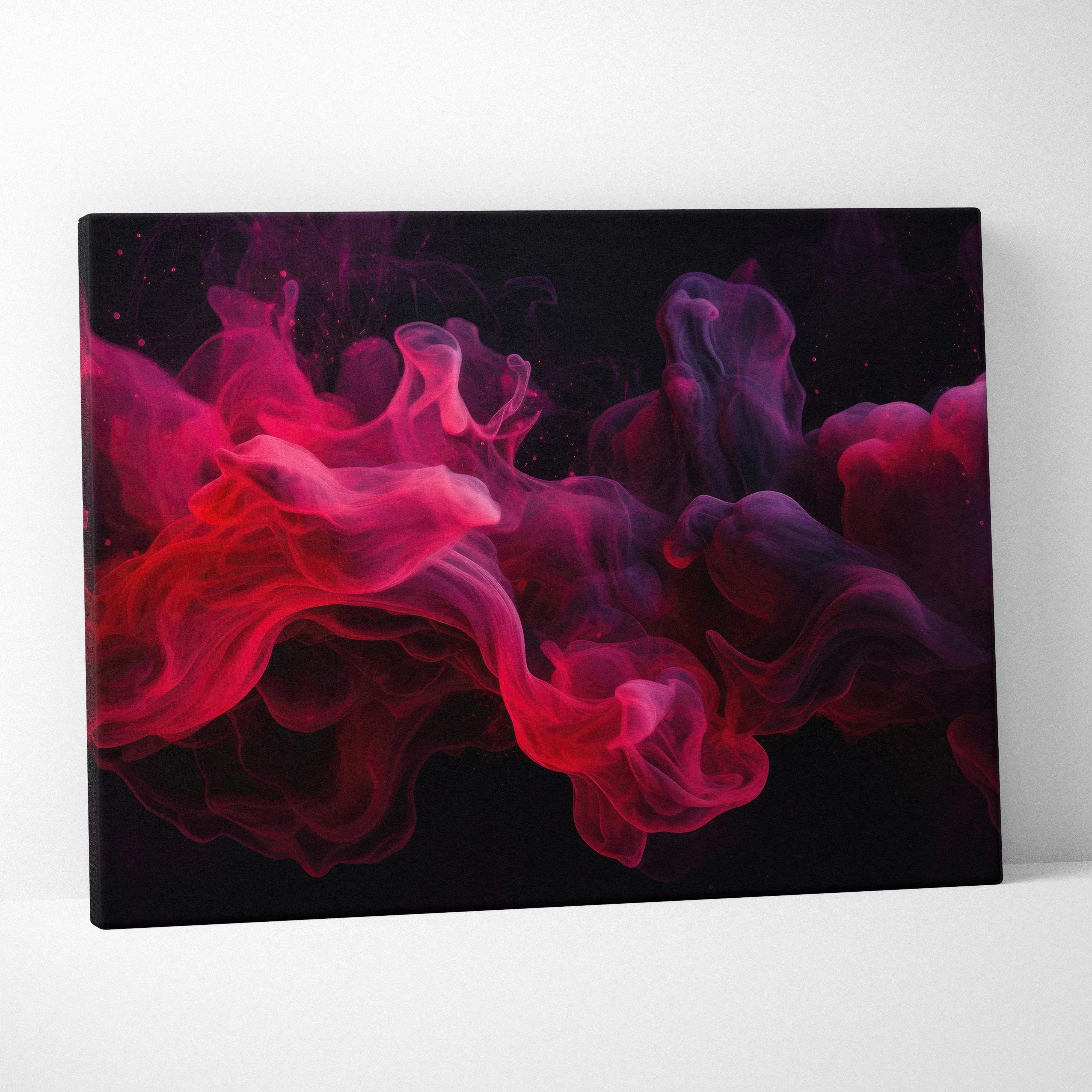 Vibrant pink and purple ink swirls on black canvas create abstract fluid art print for modern interiors wall decor