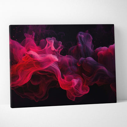 Abstract digital art canvas featuring vibrant red and purple smoke-like swirls on black background wall art.