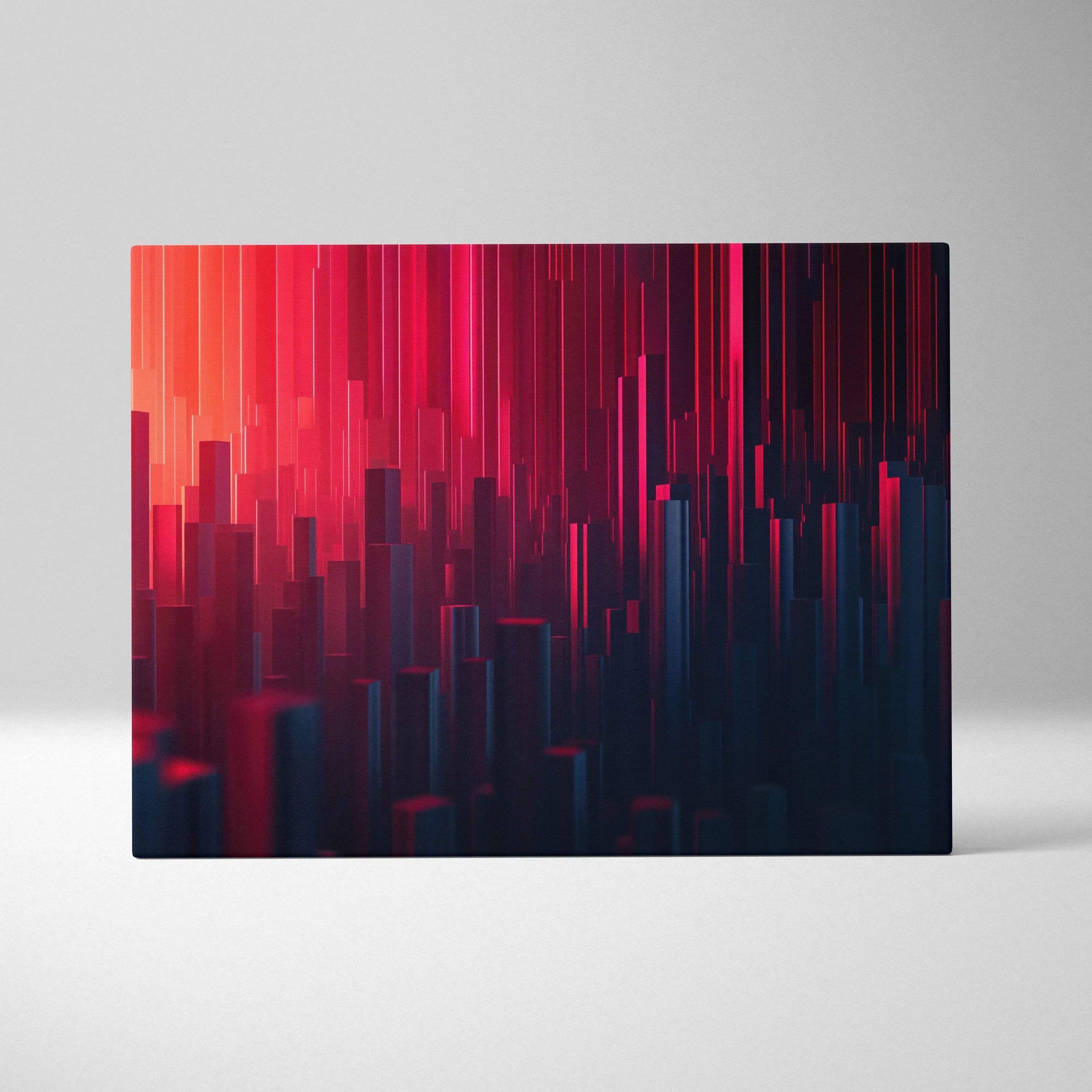 Abstract digital art canvas wall art with bold vertical lines in red and dark blue tones.