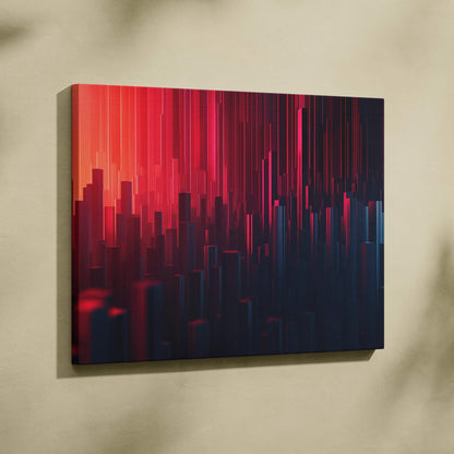 Abstract digital art canvas wall art featuring bold vertical lines in red, pink, and dark blue tones.