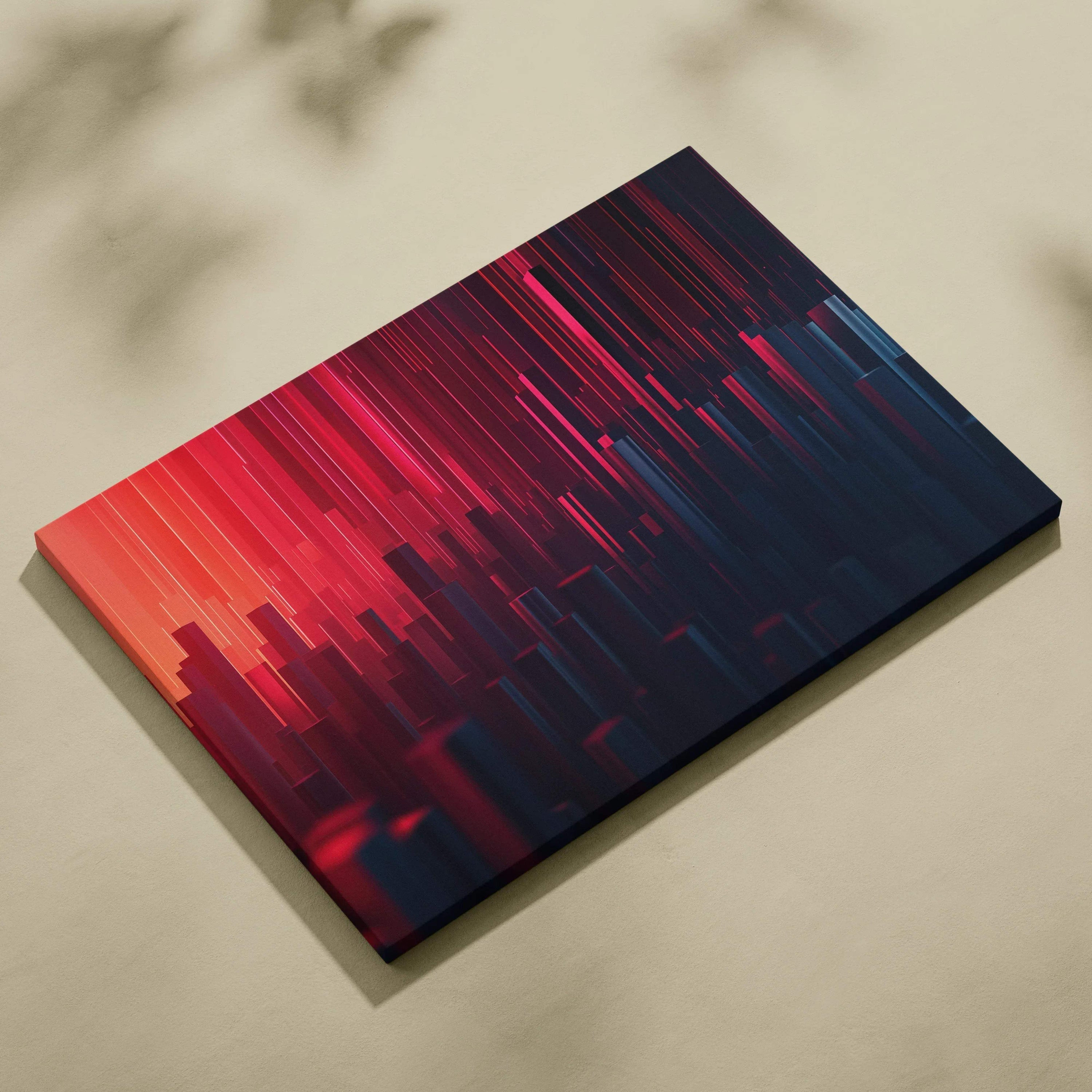 Abstract digital canvas art with bold red and dark blue vertical lines, modern wall art design.