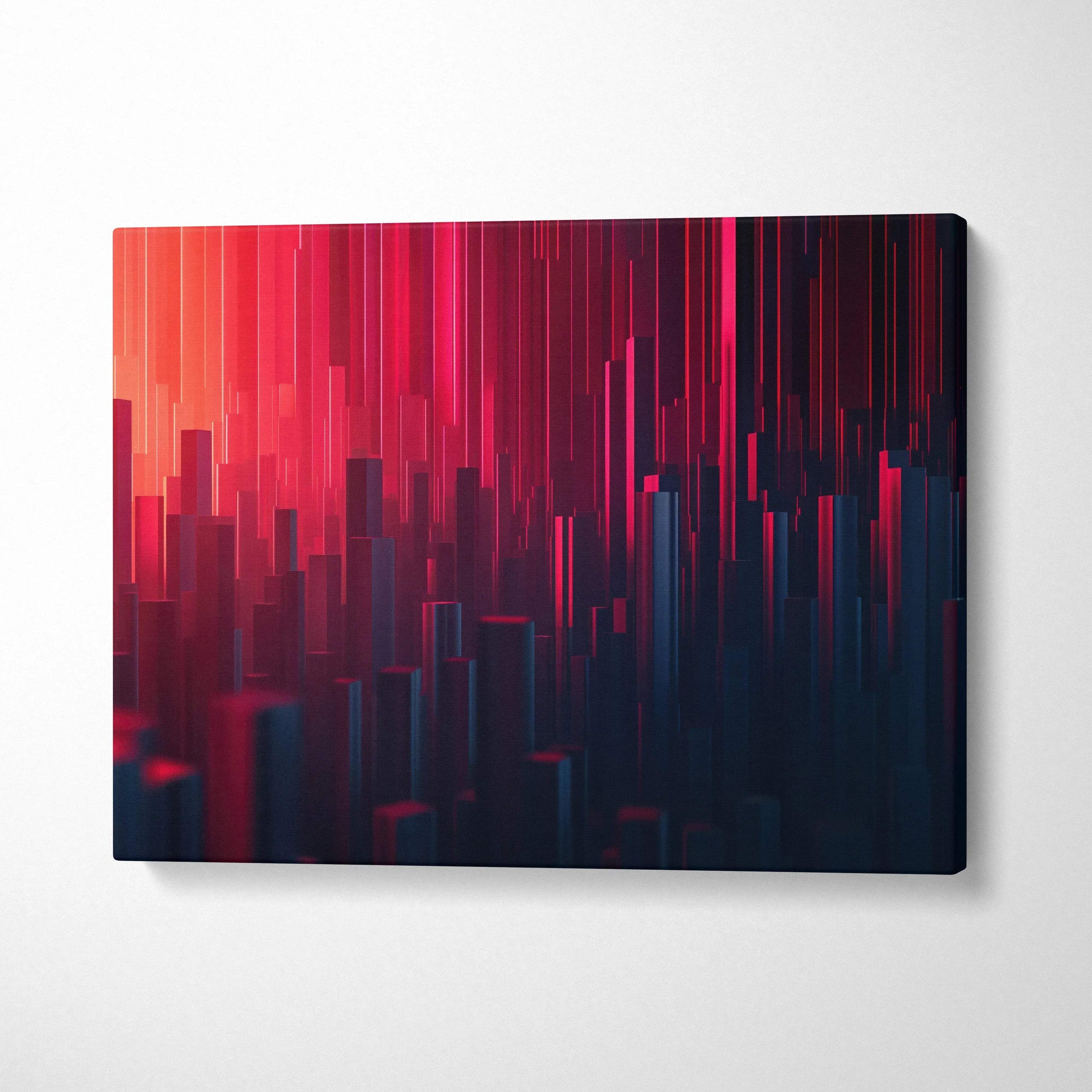Abstract digital art canvas with bold red and dark blue vertical lines, modern wall art canvas art.