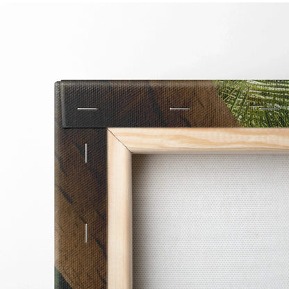 Back of canvas wall art: light wood frame, dark brown canvas with edge stitching, tropical Seychelles beach