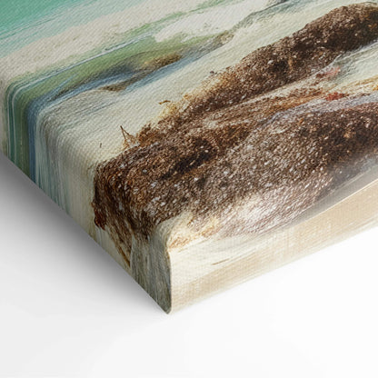 Beige canvas print of textured Seychelles beach with turquoise waves and palms