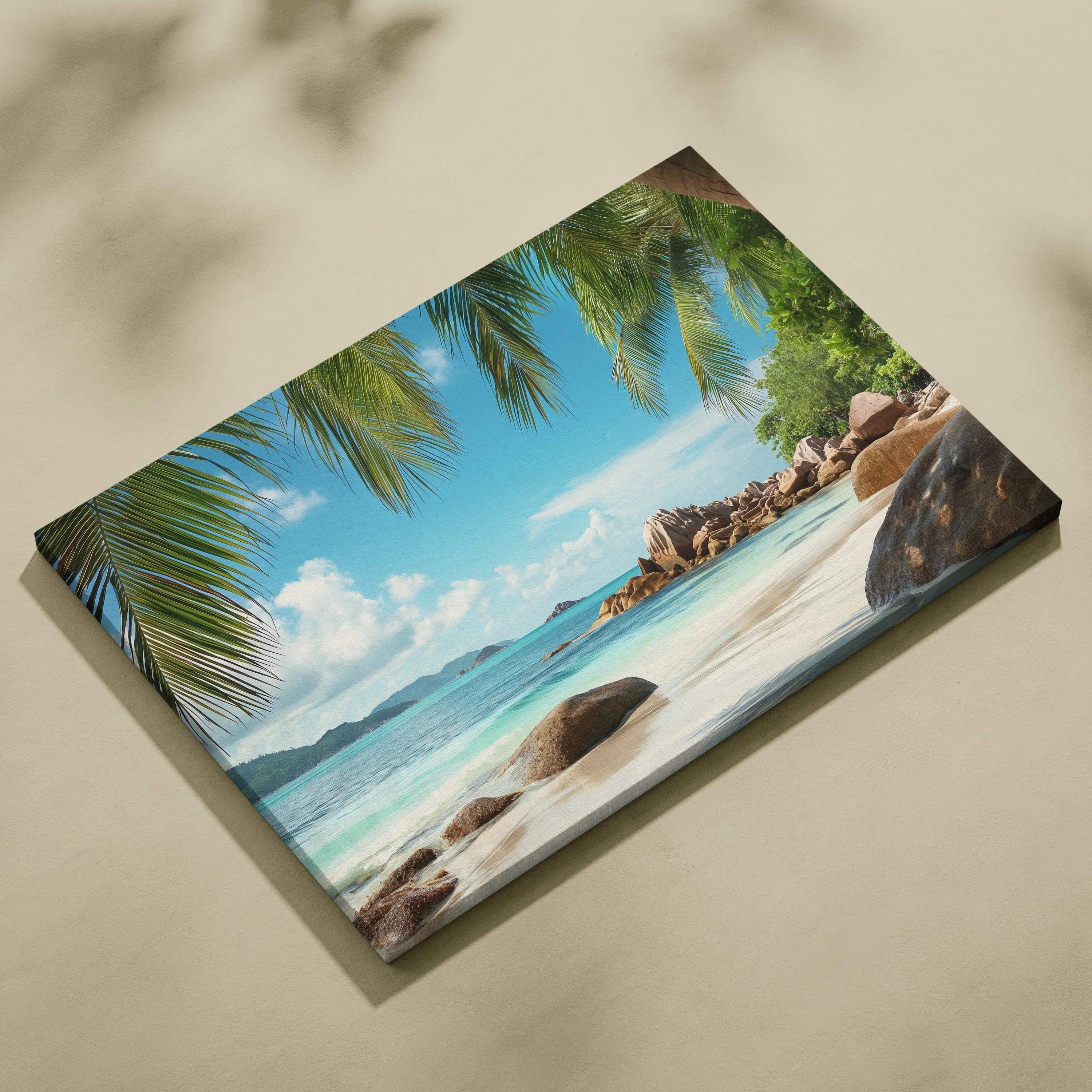 Seychelles tropical beach canvas art with turquoise ocean and palm trees