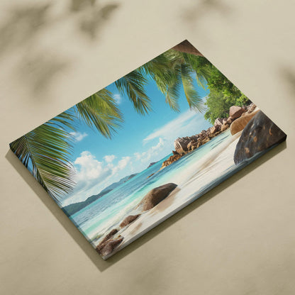 Seychelles tropical beach canvas art with turquoise ocean and palm trees